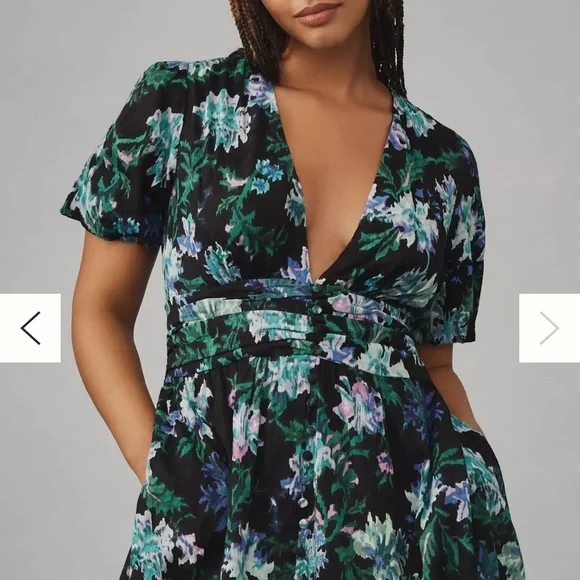 Anthropologie THE KATERINA BUTTON-FRONT DRESS - Black, Green, and Purple Floral - Picture 7 of 8